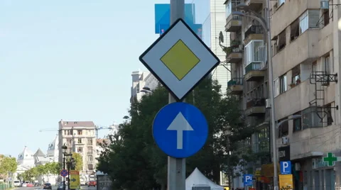 Priority And Just Ahead Sign, Traffic, Street Sign, Urban Setting Stock Footage 43233288