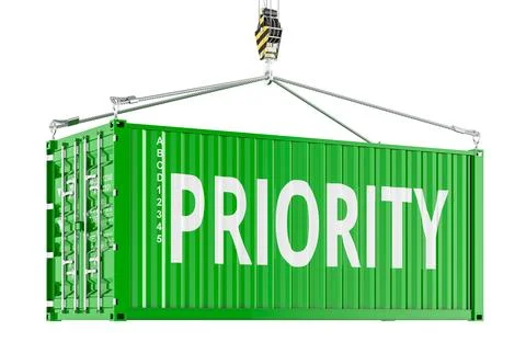 Priority concept with shipping container lifted by crane. 3D rendering Stock Illustration