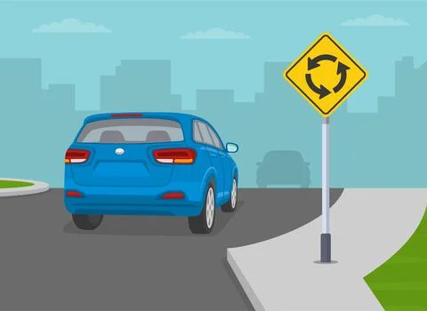 Priority inside the roundabout. Blue suv entering the roundabout. Back view. Stock Illustration