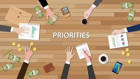 Priority priorities team work together on top of wood desk Stock Illustration