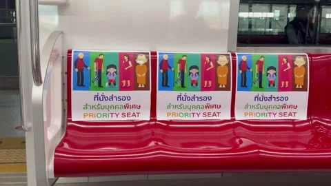 Priority Seats for Monks and Passengers Inside Bangkok Train 4K Vídeos de archivo 336592360
