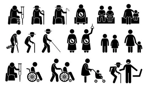 Priority seats for old man, senior citizen, blind man, pregnant woman, children, Stock Illustration