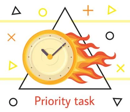 Priority task concept illustration with wall round yellow clock is ablaze with Illustrazione stock