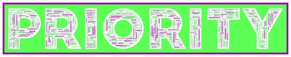 PRIORITY text filled with related keywords of various sizes. Priority word .. Stock Illustration