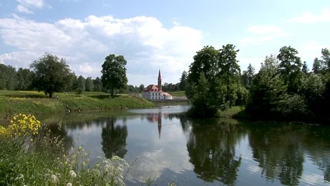 Priory Palace or castle in Gatchina on southeast shore of Black Lake. Stock Footage 109198693
