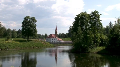 Priory Palace or castle in Gatchina against blue sky. Video stock 110869313