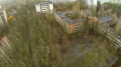 Pripyat. Old school. Aerial view. Panoramic. Video stock 58556986