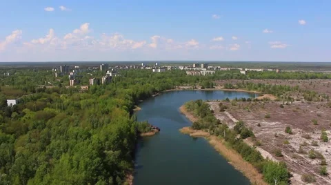 Pripyat. River. copter. Aerial view. Stock Footage 64126767