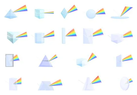 Prism light refraction effect icons set cartoon vector. Rainbow prism lens Stock Illustration