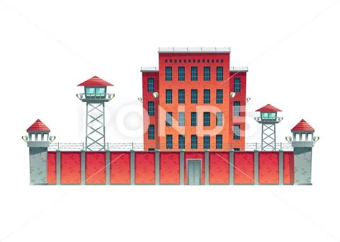 Prison building behind high fence cartoon vector Stock Illustration