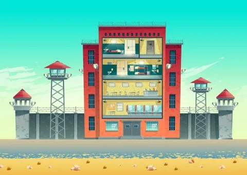 Prison building cross section interiors Stock Illustration