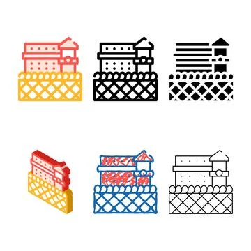 Prison building set color icon vector isolated Ilustración de archivo