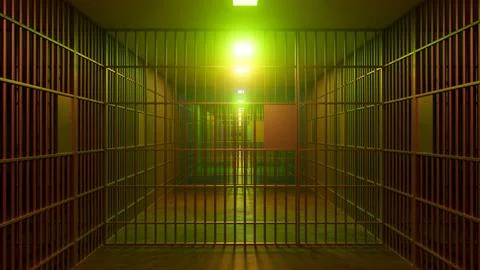Prison cell block with green light illuminating bars and floor Illustration