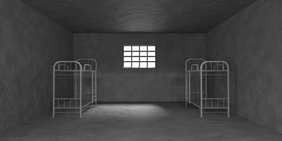 Prison cell with bunk beds and metal bars on window 3d render. Realistic 스톡 일러스트