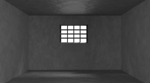 Prison cell with metal bars on window 3d render. Realistic interior of empty Stock Illustration