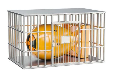 Prison cell with nuclear bomb. Nuclear weapons prohibition concept, 3D render イラスト素材