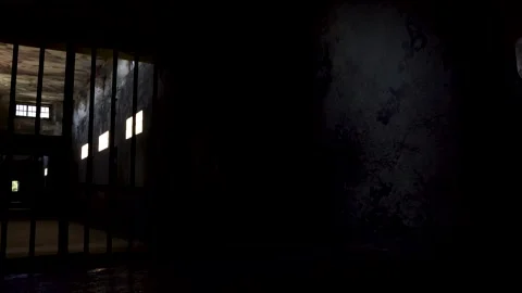 Prison corridor closed by iron bars and dark dungeon with small window Stock-Footage 143868773