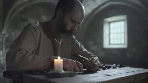Prison inmate in shackles sharpening a quill pen with a knife near a candle 库存影片 340079462
