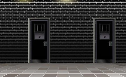 Prison interior, dark background. Jail modern with two metal door Stock Illustration