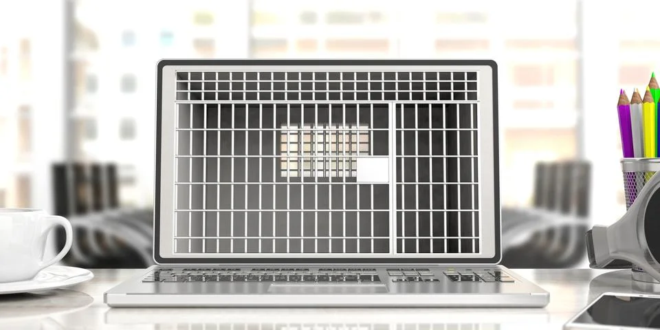 Prison jail cell on computer screen, business office background. 3d illustrat Stock Illustration