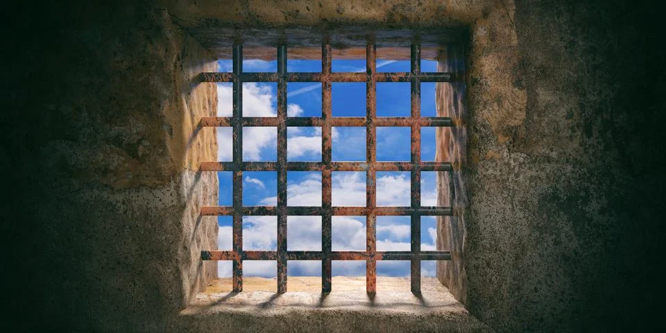 Prison, jail window with rusty bars and blue sky view on old wall background. Stock Illustration