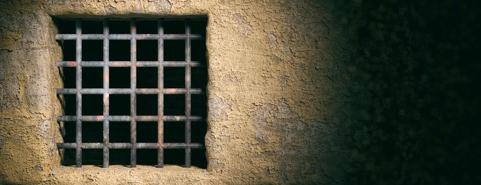 Prison, jail window with rusty bars on old wall background. Banner, space for 스톡 일러스트