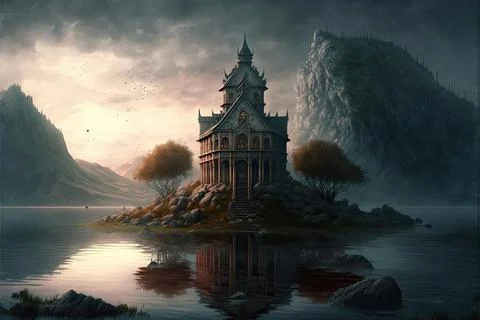 A Prison By A Large Lake Or Bay Stock Illustration