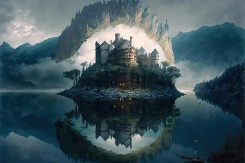 A Prison By A Large Lake Or Bay Stock Illustration