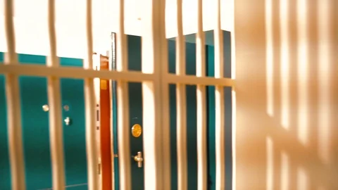 Prison, prison cell bars and prison door, escape from prison, bank vault Stock Footage 98167221