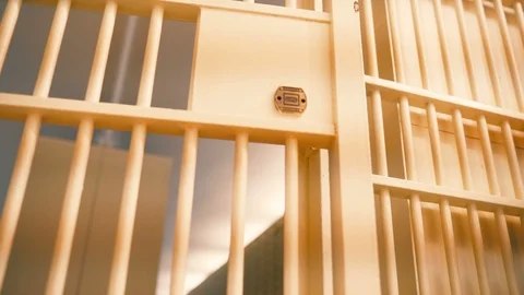 Prison, prison cell bars and prison door, escape from prison, bank vault Stock Footage 98167376