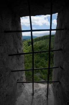 Prison theme with panoramic view outside Stockfoto's