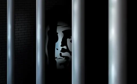 Prisoner and prison cell. Alone in jail behind bars. Ilustración de archivo