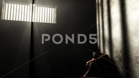 Prisoner in Bad Condition in Demolished Solitary Confinement under Lightrays Stock Illustration