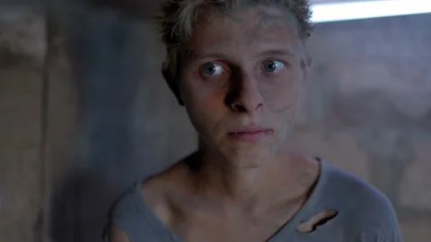 Prisoner in the basement. Bound dirty man Video stock 204948757