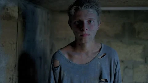 Prisoner in the basement. Bound dirty man Stock Footage 204949081