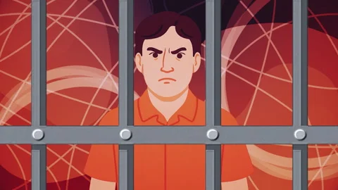 Prisoner behind bars transitioning from free to incarcerated Stock Footage 311985028