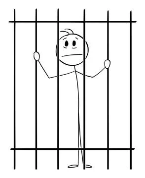 Prisoner Behind or Jail Bars, Vector Cartoon Stick Figure Illustration Stock Illustration