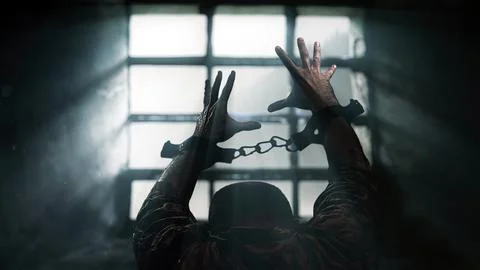 Prisoner in chains in front of a window Stock Photos
