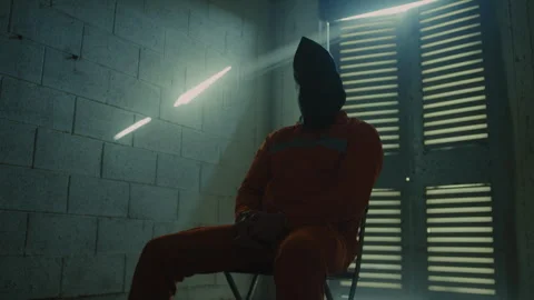 Prisoner in chains waiting in a dark room blindfolded Stock Footage 275038830