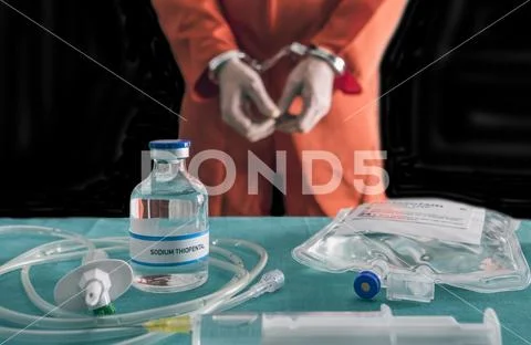 Prisoner handcuffed to death by lethal injection, vial with sodium thiopental an Stock Photos