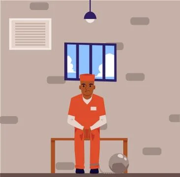 Prisoner in legs shackles in prison cell, flat vector illustration isolated. Stock Illustration