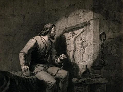 A prisoner sits in his cell and carves the Crucifixion in the wall with a n.. Stock Illustration