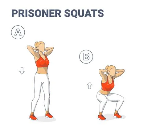 Prisoner Squats Feale Home Workout Exercise Guide. Squatting Athletic Woman. Stock-Illustration
