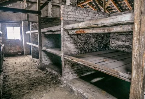 Prisoner's beds, bunks inside barrack in Auschwitz Birkenau Museum. Stock Photos
