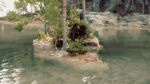 Pristine alpine paradise, with a tranquil lake and towering evergreens Illustrazione stock