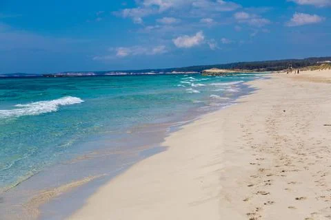 Pristine beach with turquoise ocean water under blue sky Stock Photos