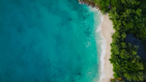 Pristine beach with turquoise waters and lush surroundings. Seychelles, Mahe. Stock Footage 301154127