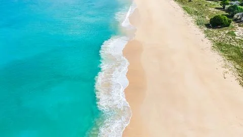 Pristine beach with white sand and crashing turquoise waves in tropical paradise Foto stock