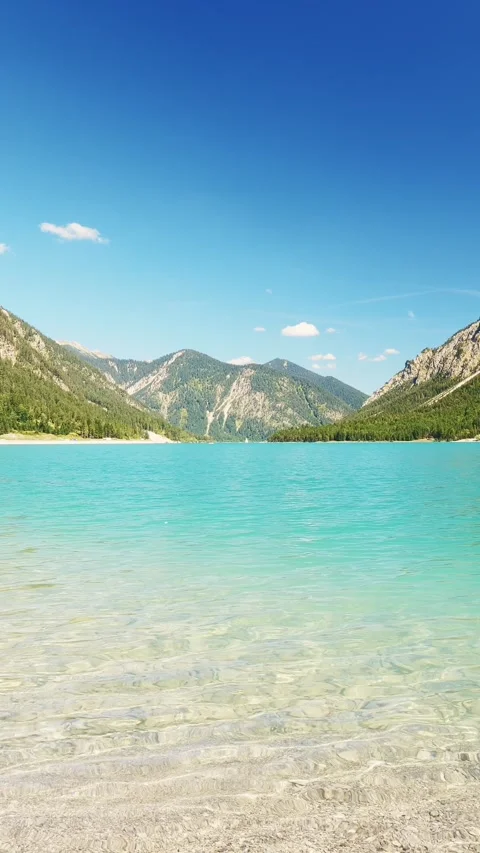 Pristine Beaches and Deep Blue Waters of Plansee in the Austrian Alps  Tyrole Stock Footage 308305242