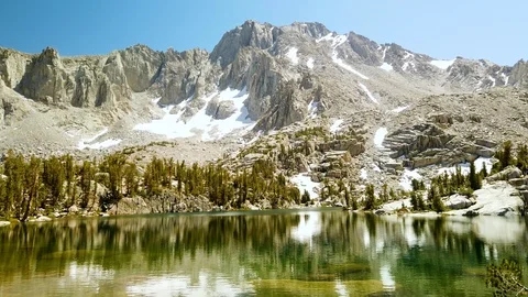 Pristine Lake, Snowy Mountain Range Peak in High Sierra, California Backcountry Stock Footage 114802448